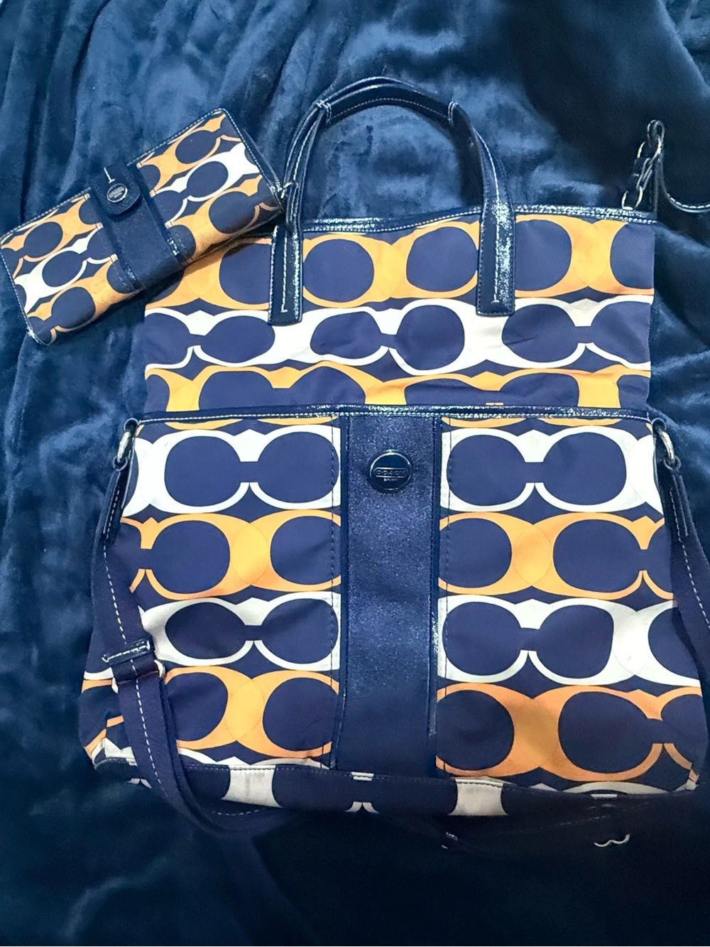 Blue and orange COACH Signature Tote with Matching Wallet. E1320-F25181